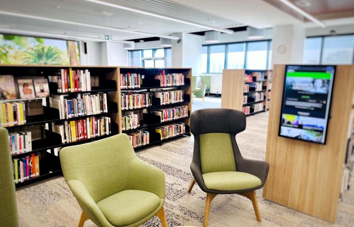 Arm chairs and coffee table amidst bookshelves