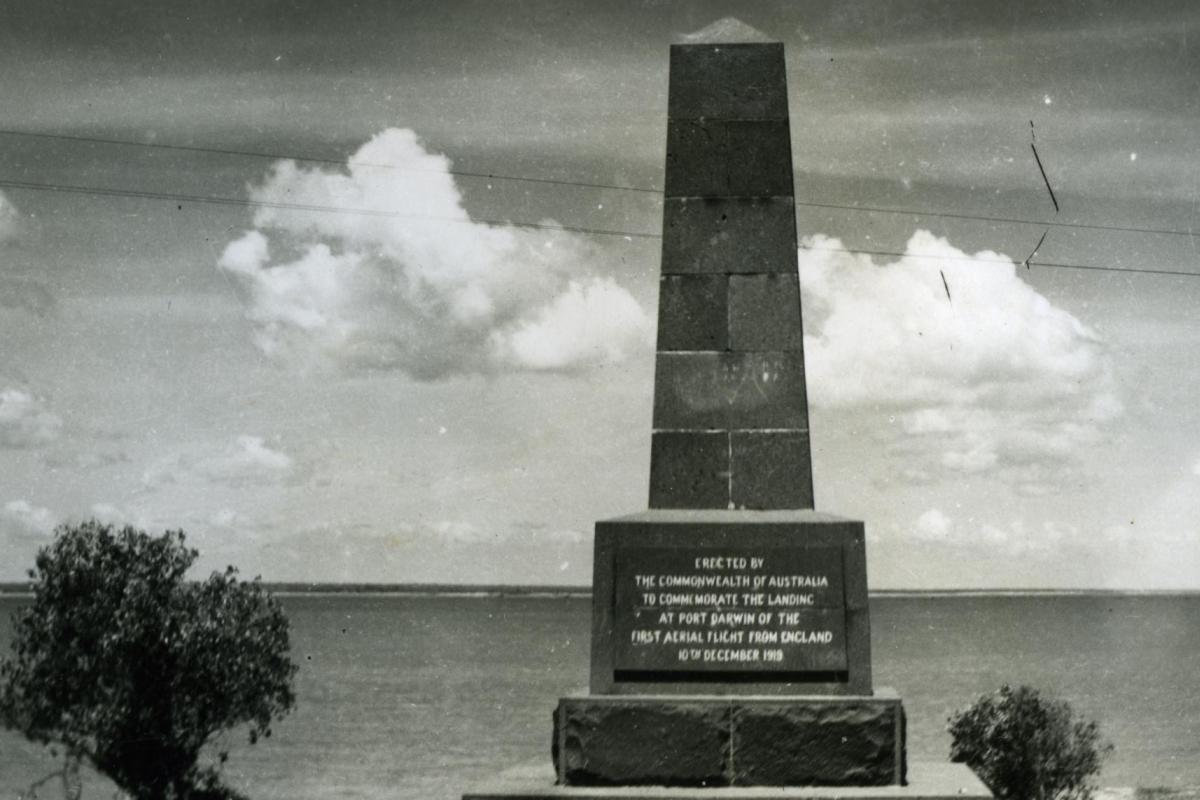 The Ross Smith Memorial in Darwin which commemorates the landing of the first flight from England.