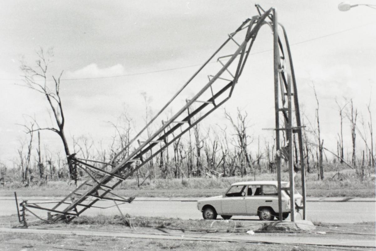 Twisted electricity pole, bent and twisted by Cyclone Tracy.