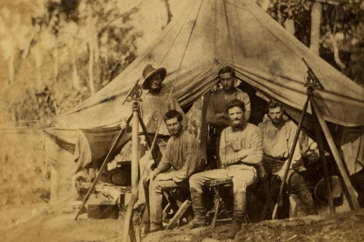Knuckey’s camp, 1869 JWO Bennett is sitting on the left. 