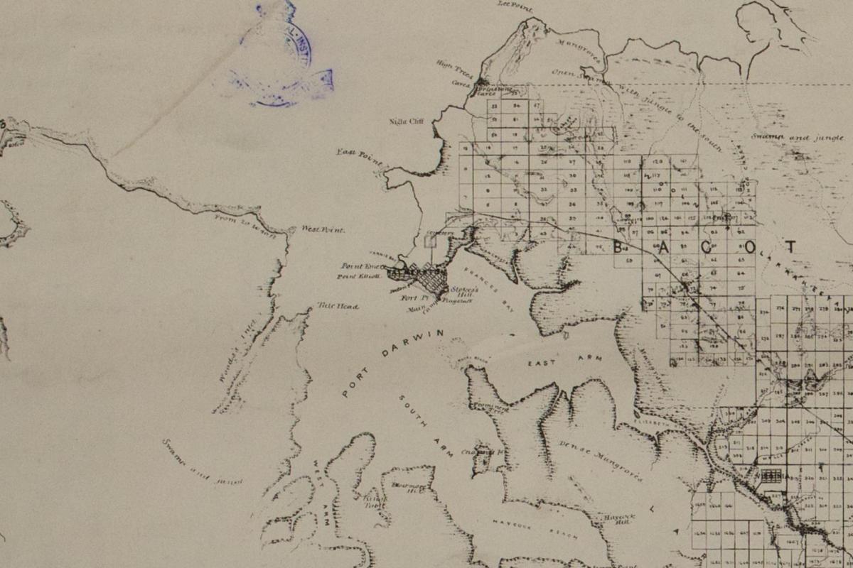 GW Goyder’s General Plan showing natural features of the country, towns, reserves, roads & sectional lands at, and in the vicinity of Port Darwin, Northern Territory of South Australia