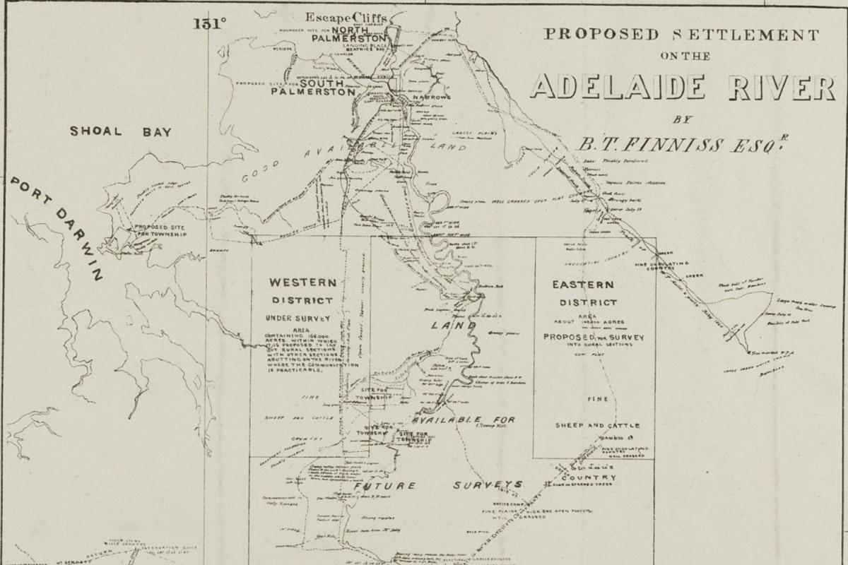 Cropped black and white map showing surveys in the Northern Territory, 1868