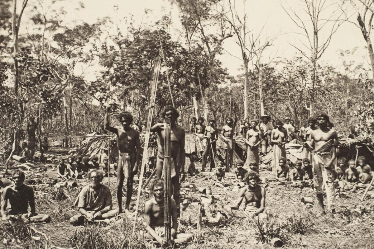 Aboriginal Camp, Port Darwin showing a group of aboriginal people