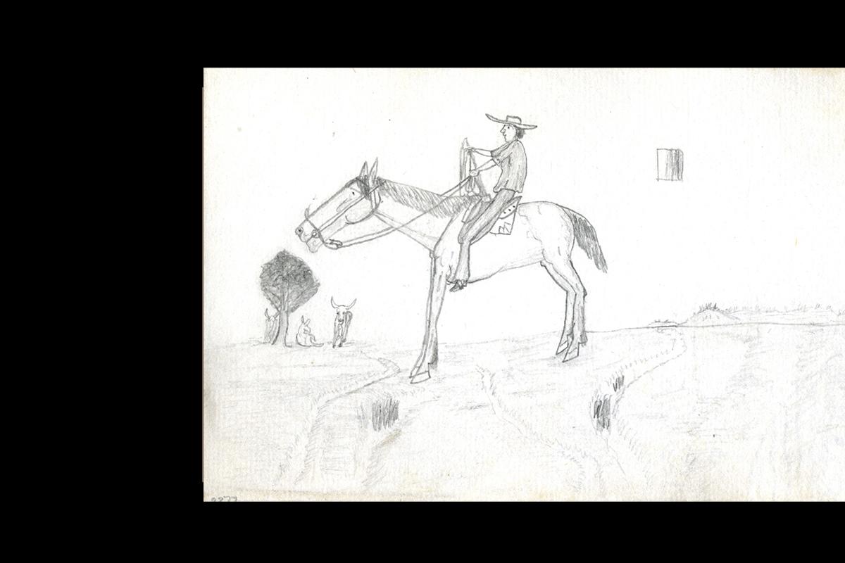 A man on a horse, three cattle in the background shelter by a small horse.
