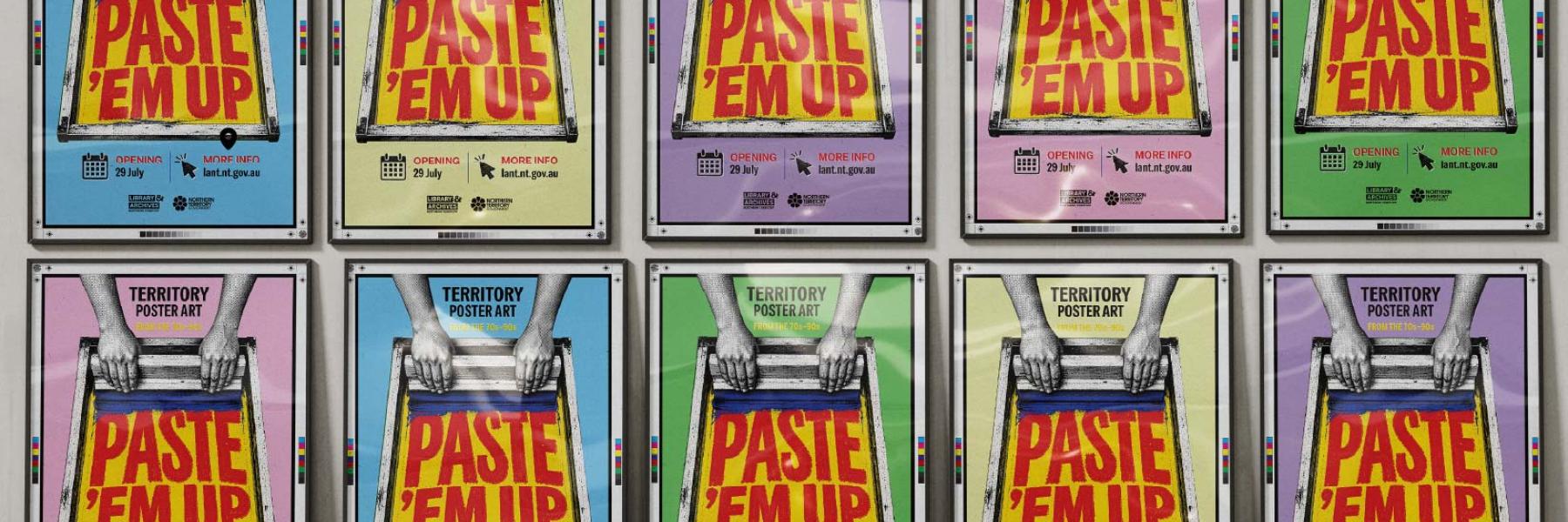 Rows of different coloured, framed posters featuring a screenprinting screen and the words 'Paste 'Em Up'.