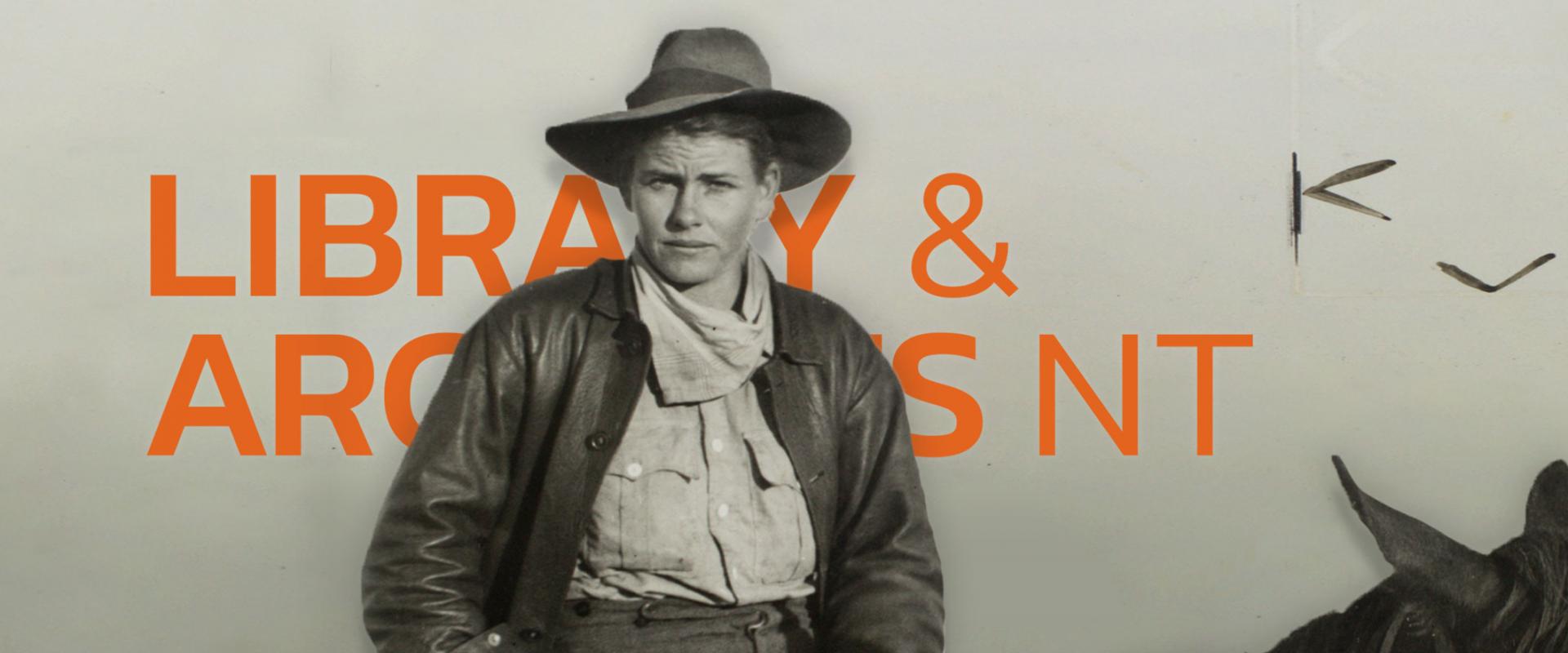 Black and white image of woman sitting on a horse. Wearing leather jacket, a kerchief around her neck and a hard leather drovers hat.