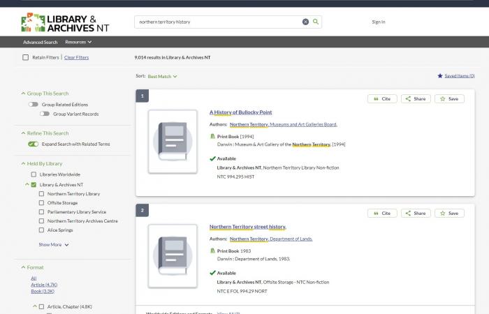 Screen shot of Library & Archives NT Catalogue