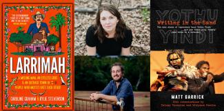 Collage image of book covers and author portraits