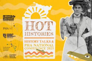 Hot Histories and professional association logos on a yellow background beside a black and white photograph of a woman holding a snake.