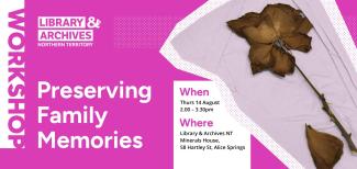 Promotional image in fuscia with event information and photograph of a pressed flower