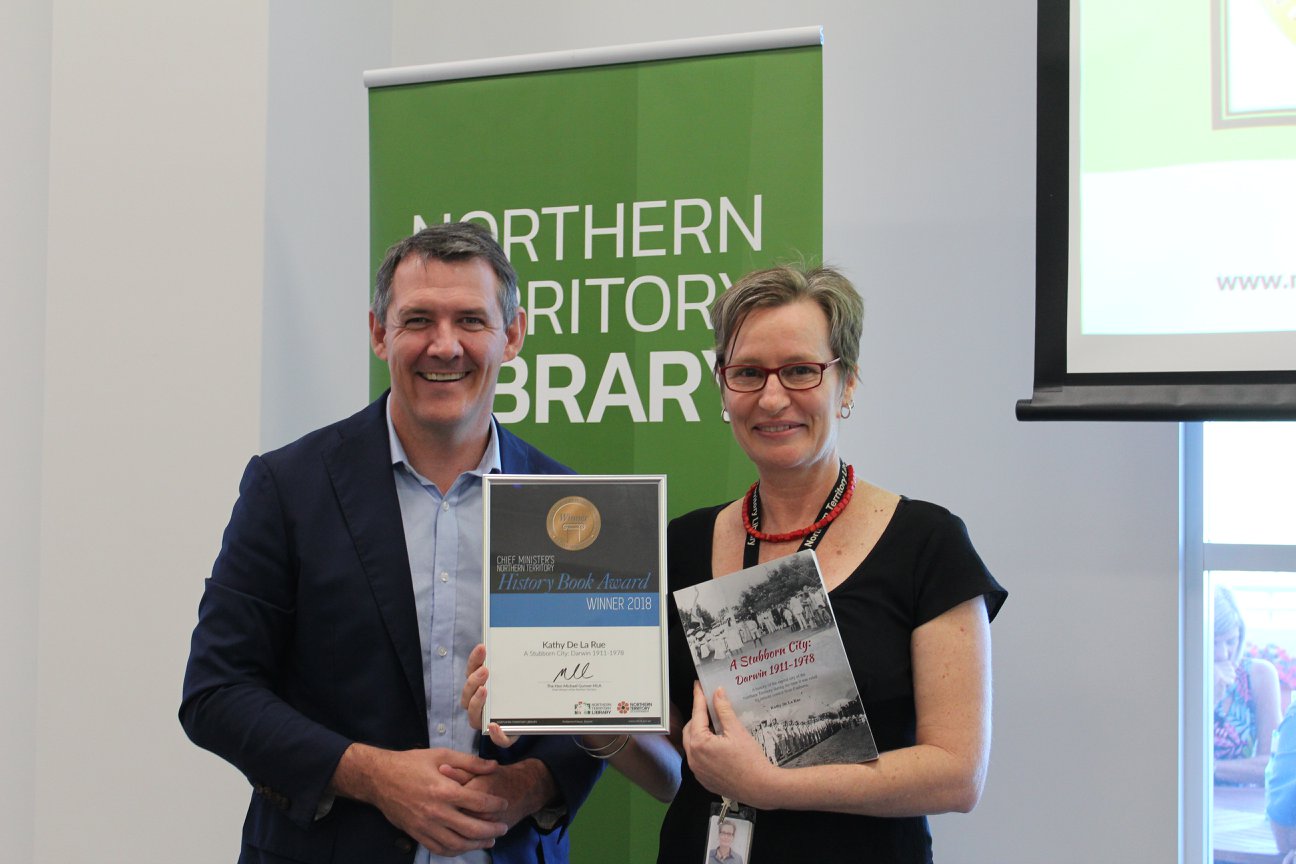 Dr Samantha Wells receiving the 2018 Chief Minister's Northern Territory History Book Award on behalf of Kathy De La Rue for her outstanding entry - A Stubborn City: Darwin 1911 - 197