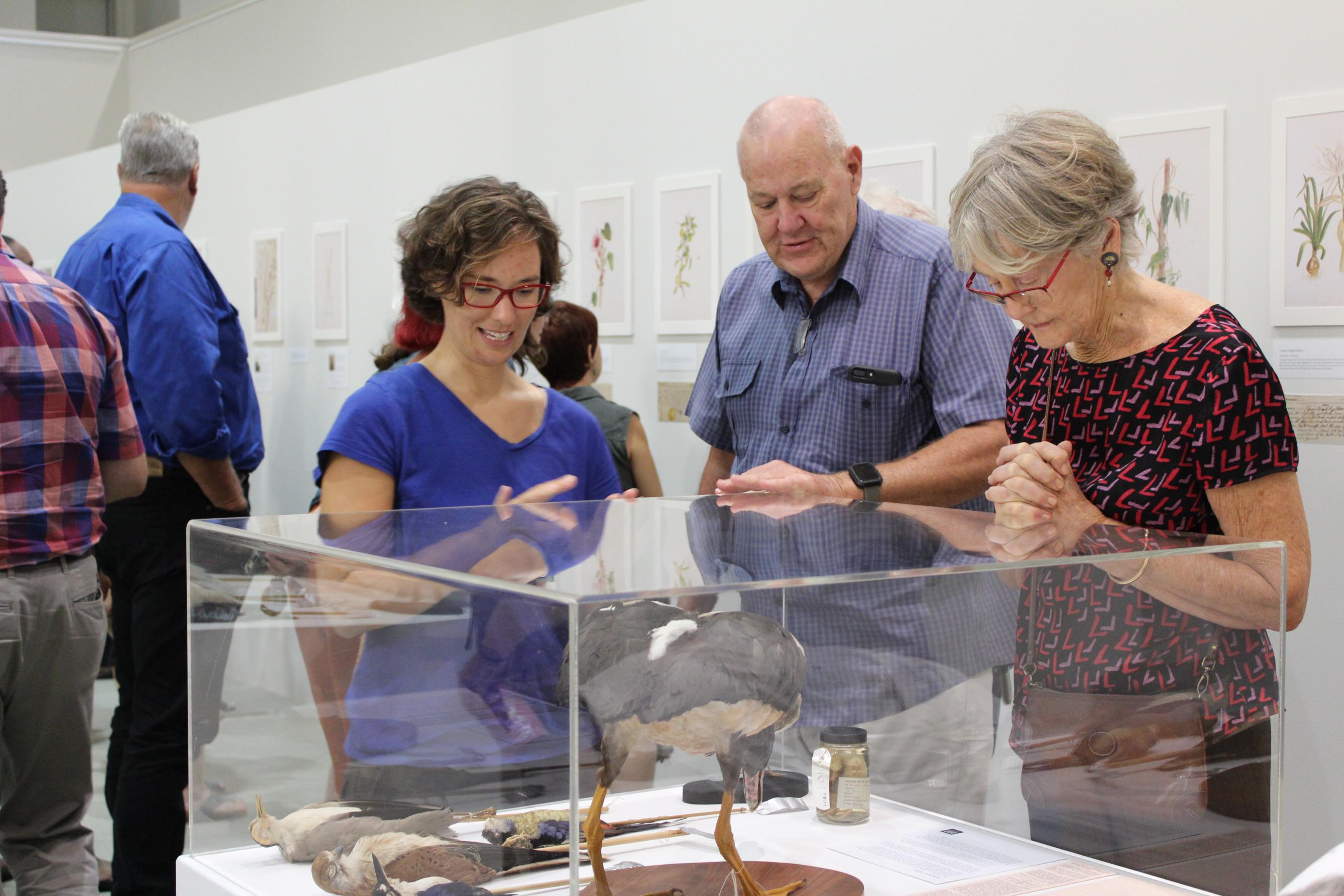 Three people standing around a plinth looking at the contents within. 