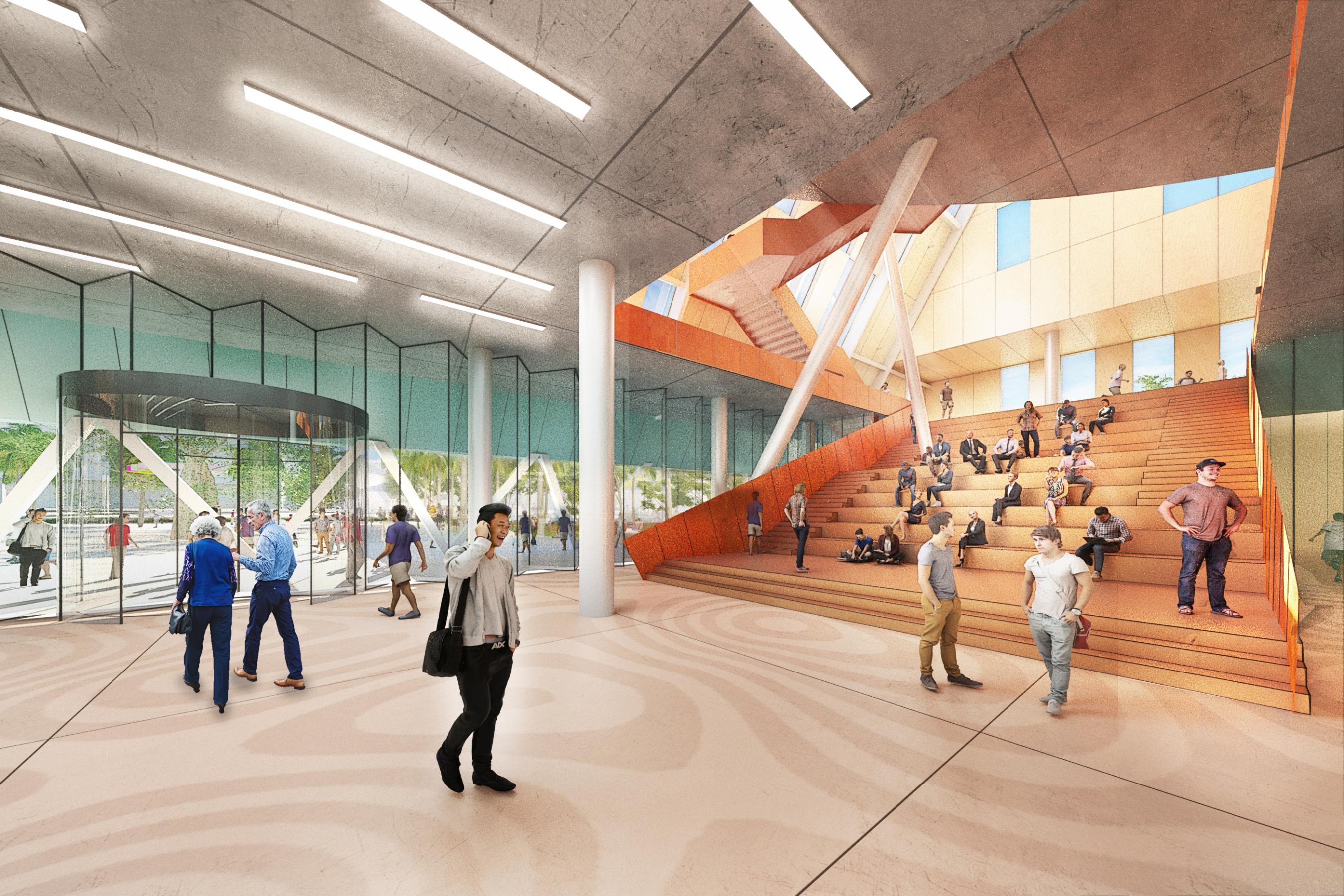 architect's color impression of the interior of the Education Cultural Precinct