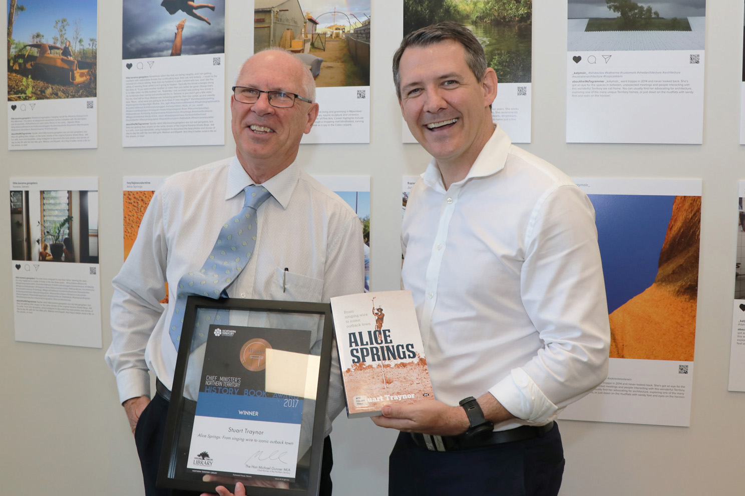 Winner of 2017 Chief Minister History Book Awards Stuart Traynor, with Chief Minister Michael Gunner