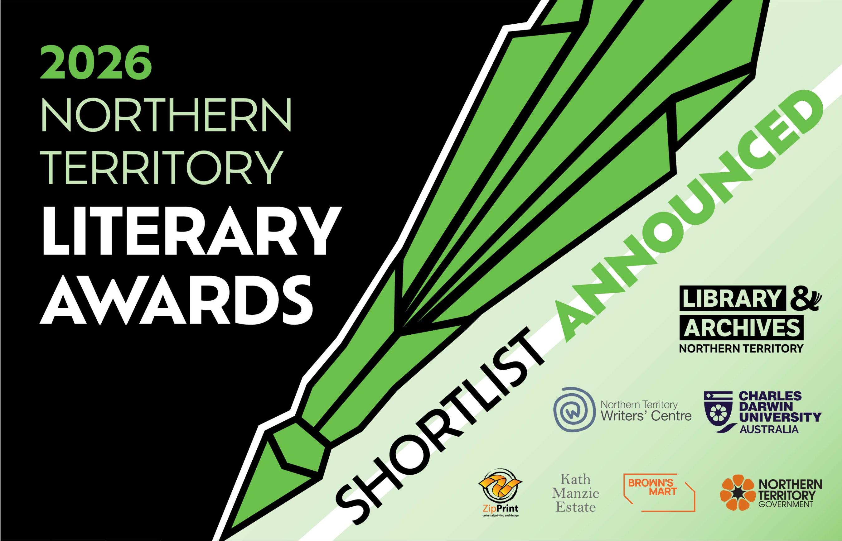 Black and green image of an origami style pen illustration with text '2026 Northern Territory Literary Awards' and sponsor logos