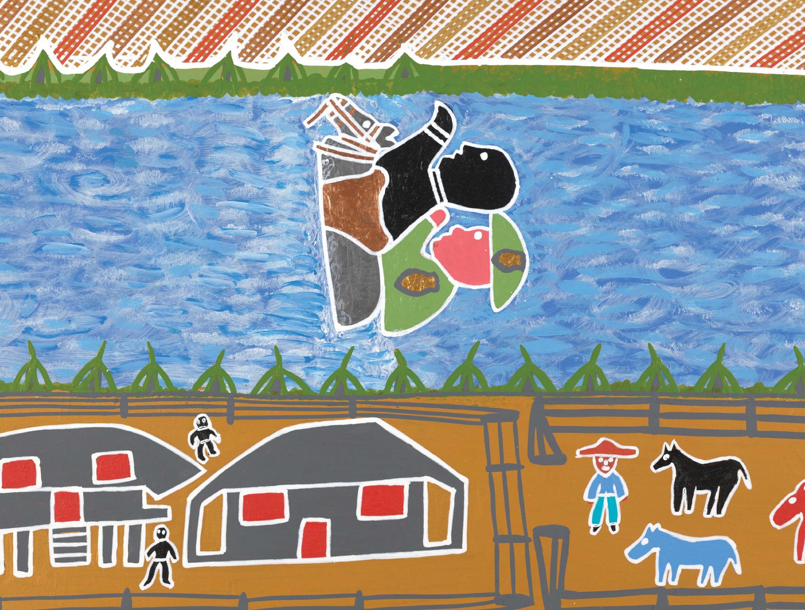 Book cover for Ayaiga includes a painting of a two people crossing a body of water