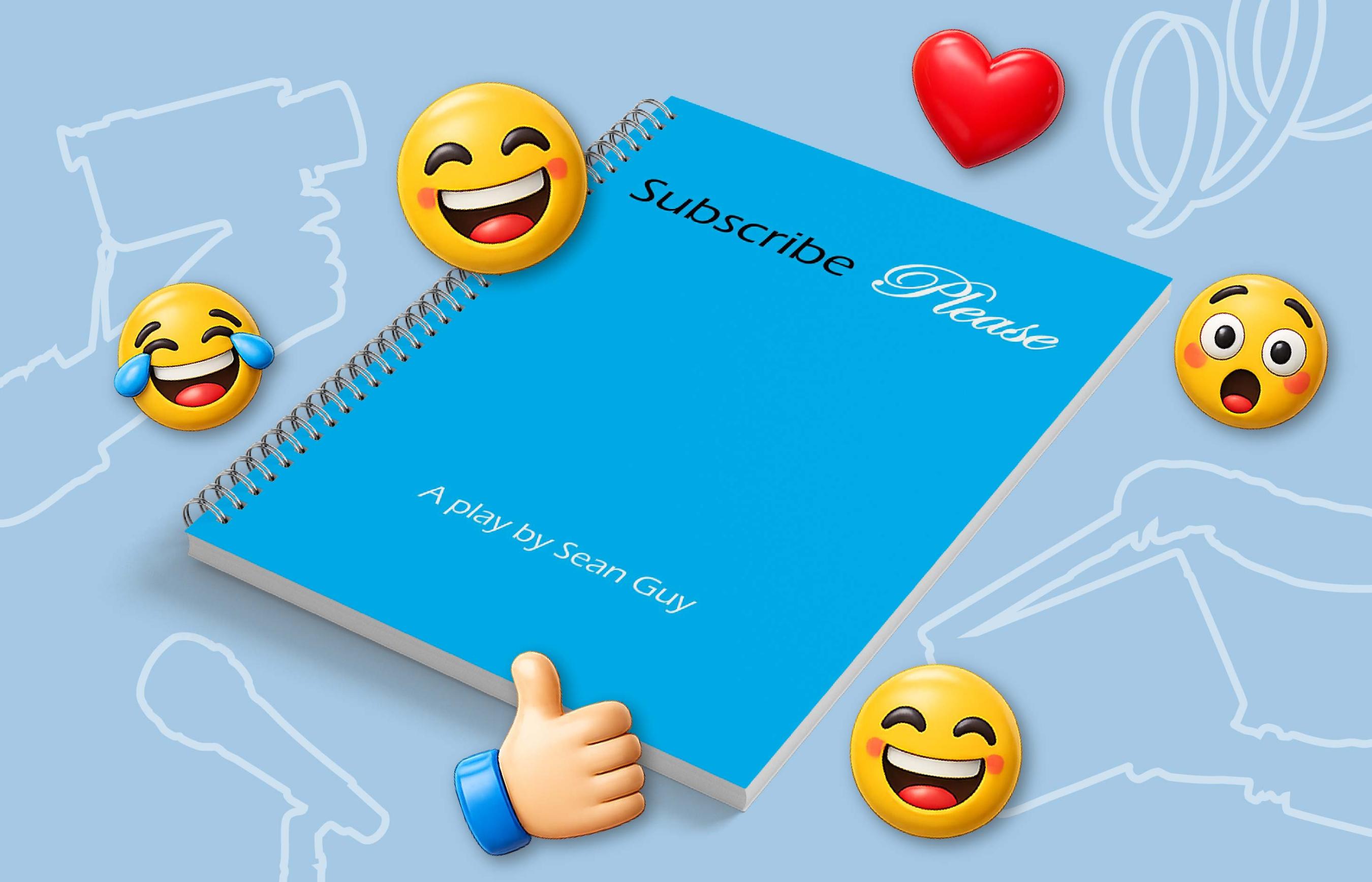 Image of spiral bound blue book with the title 'Subscribe Please' surrounded by emoticons