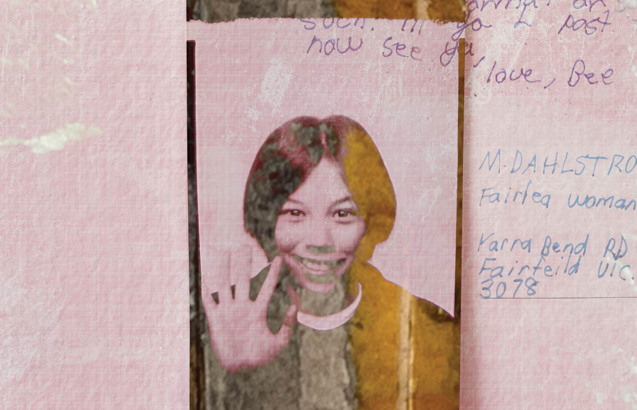 Book cover featuring photo of a girl and handwriting on pink background