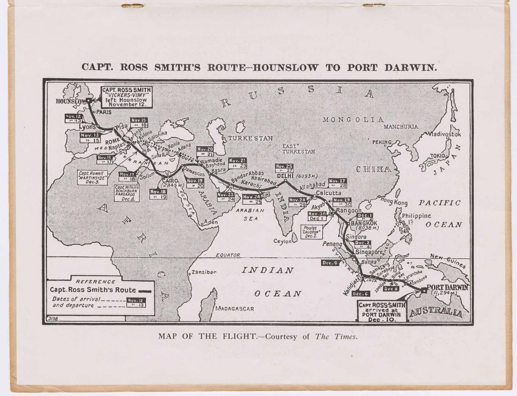 map of a flight path from London to Darwin