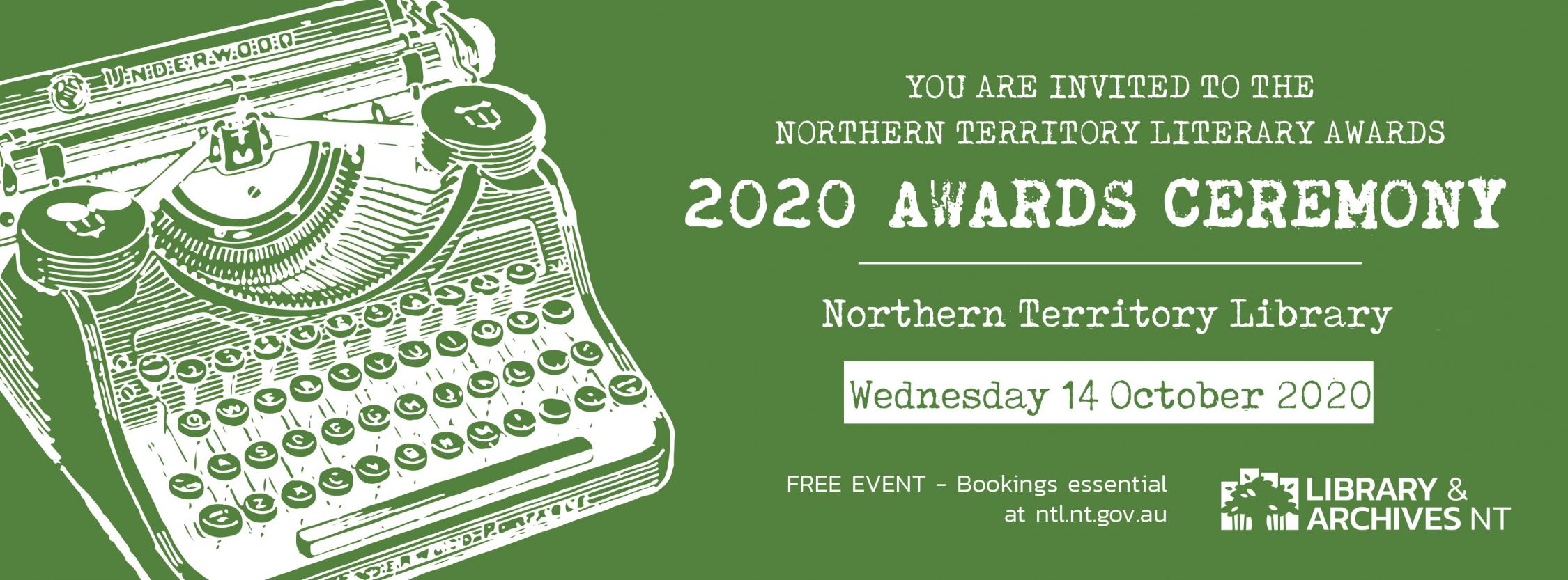 Green banner detailing the event details for the 2020 NT Literary Awards