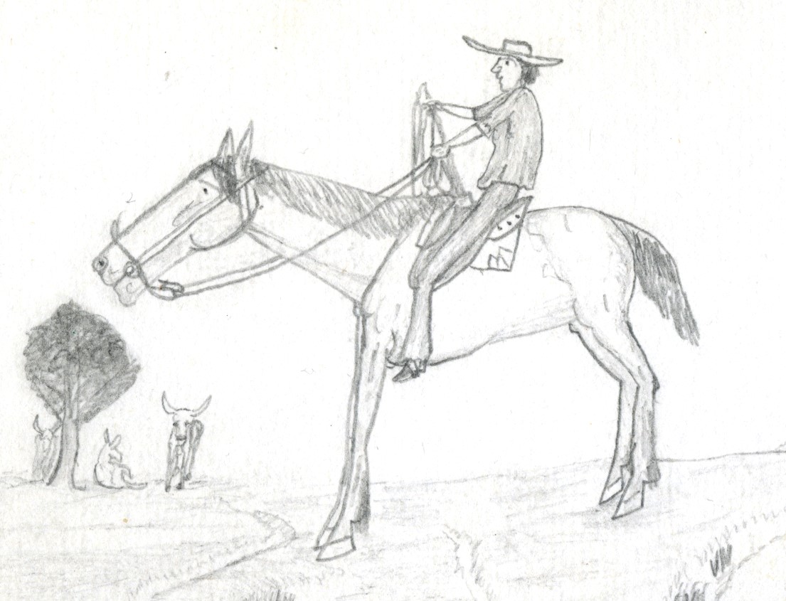 Drawing of a man in a cowboy hat on a horse. Trees and cows also depicted