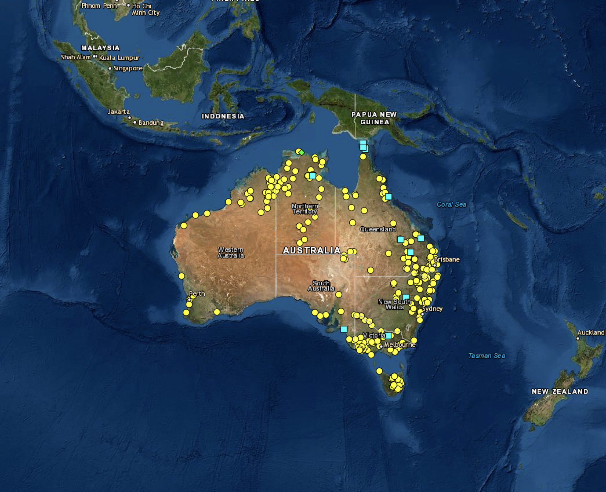 Map of Australia with massacre locations pinned as Yellow and blue dots. 