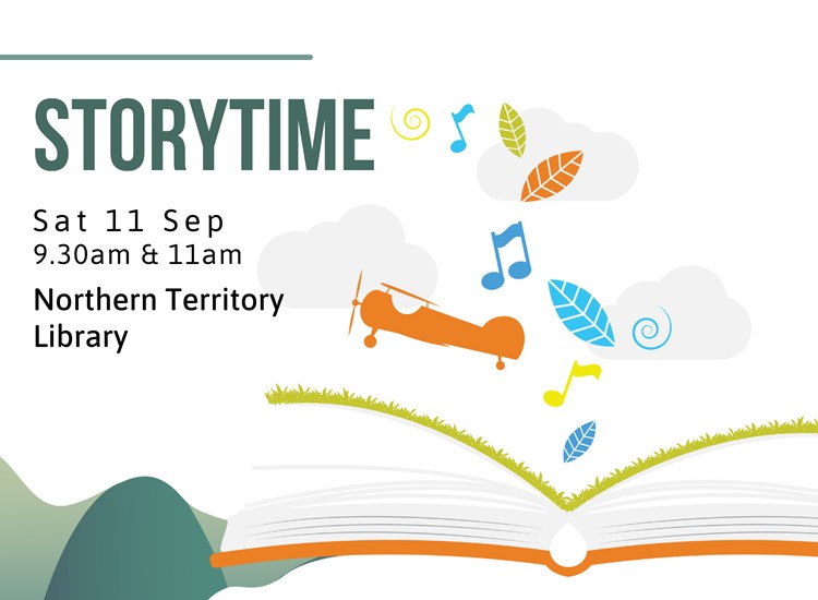 Logo for storytime, includes an open book with icons like a plane, music note, and leaves flying out of the pages. 