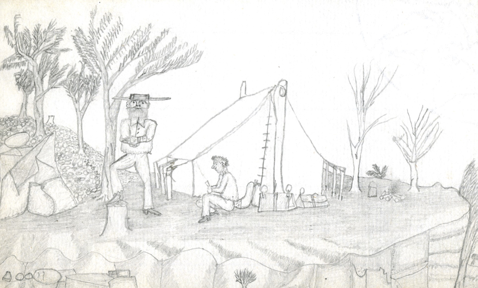 Drawn image of campsite with two men, a tent, and bush scenery