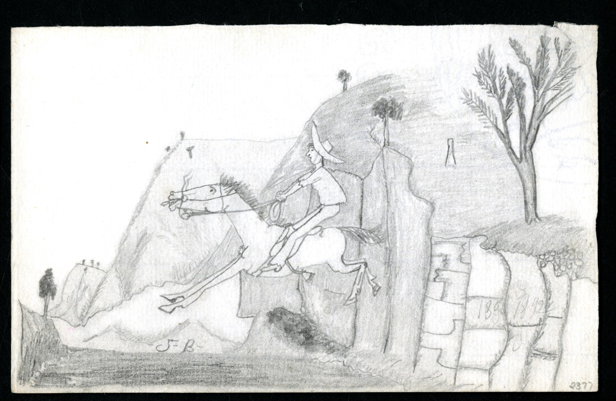 Drawing made by Charlie Flannigan. Illustrations of a man on horseback, hillside, trees and shrub