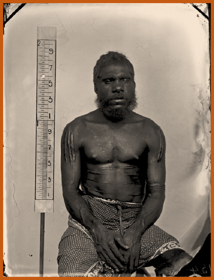 Image is a black and white image of Aboriginal man Wandi Wandi
