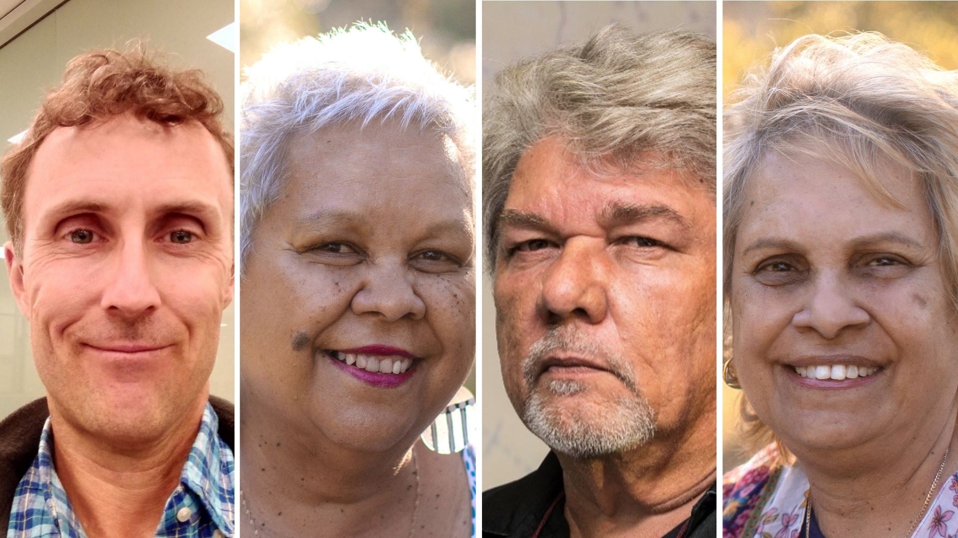 Four head shots in a line. Starts with a white middle aged man with short brown hair and slightly smiling. Second is a older woman with grey hair, dark skin and smiling. Third picture is an older man with grey hair, tanned skin with a neutral expression. And last headshot is a middle to later aged woman with blond-ish grey hair, tanned skin, and smiling. 