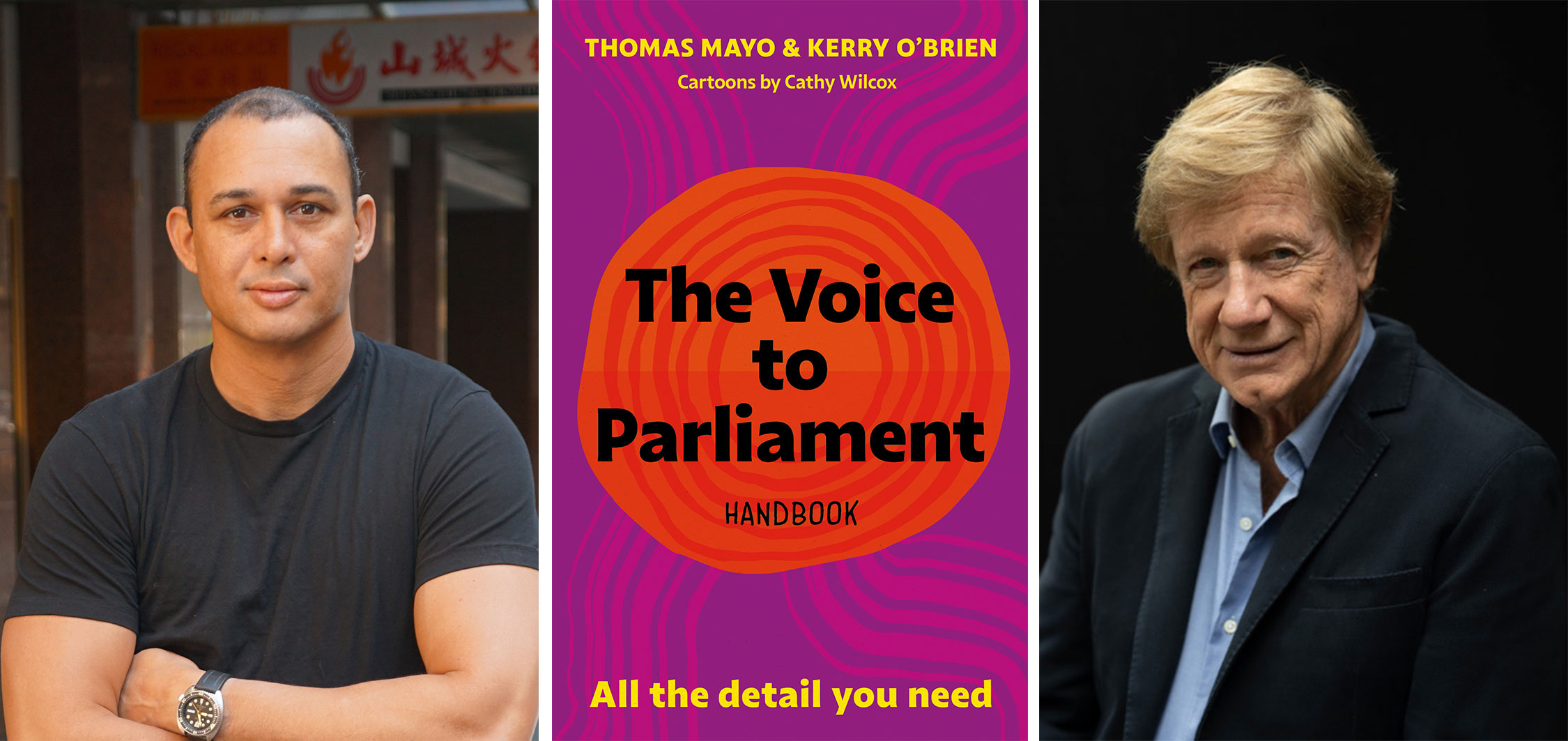 Thomas Mayo (left), book cover (centre), Kerry O'Brien (right)