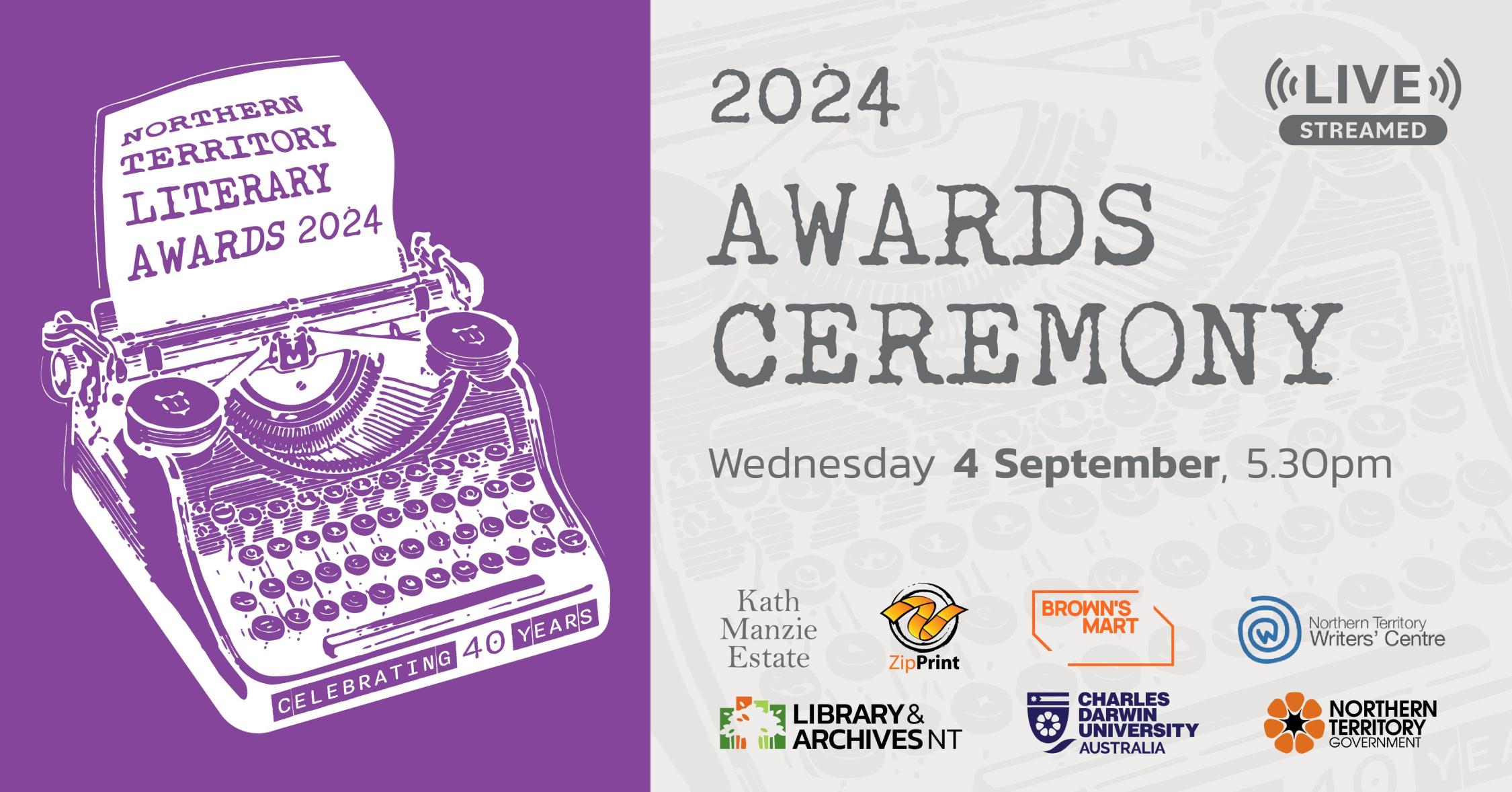 2024 NT Literary Awards Typewriter on Purple Background