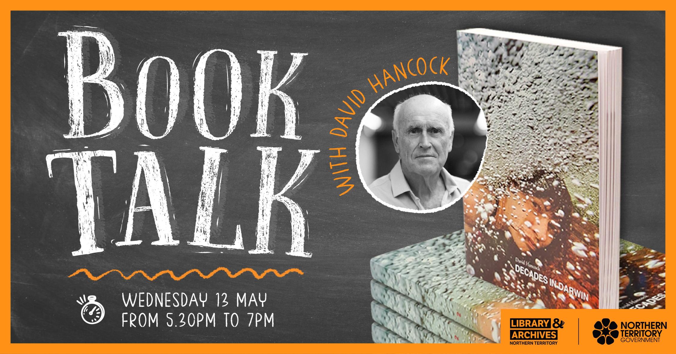 Promotional image of blackboard with the words 'Book Talk' in white and a photograph of a book.