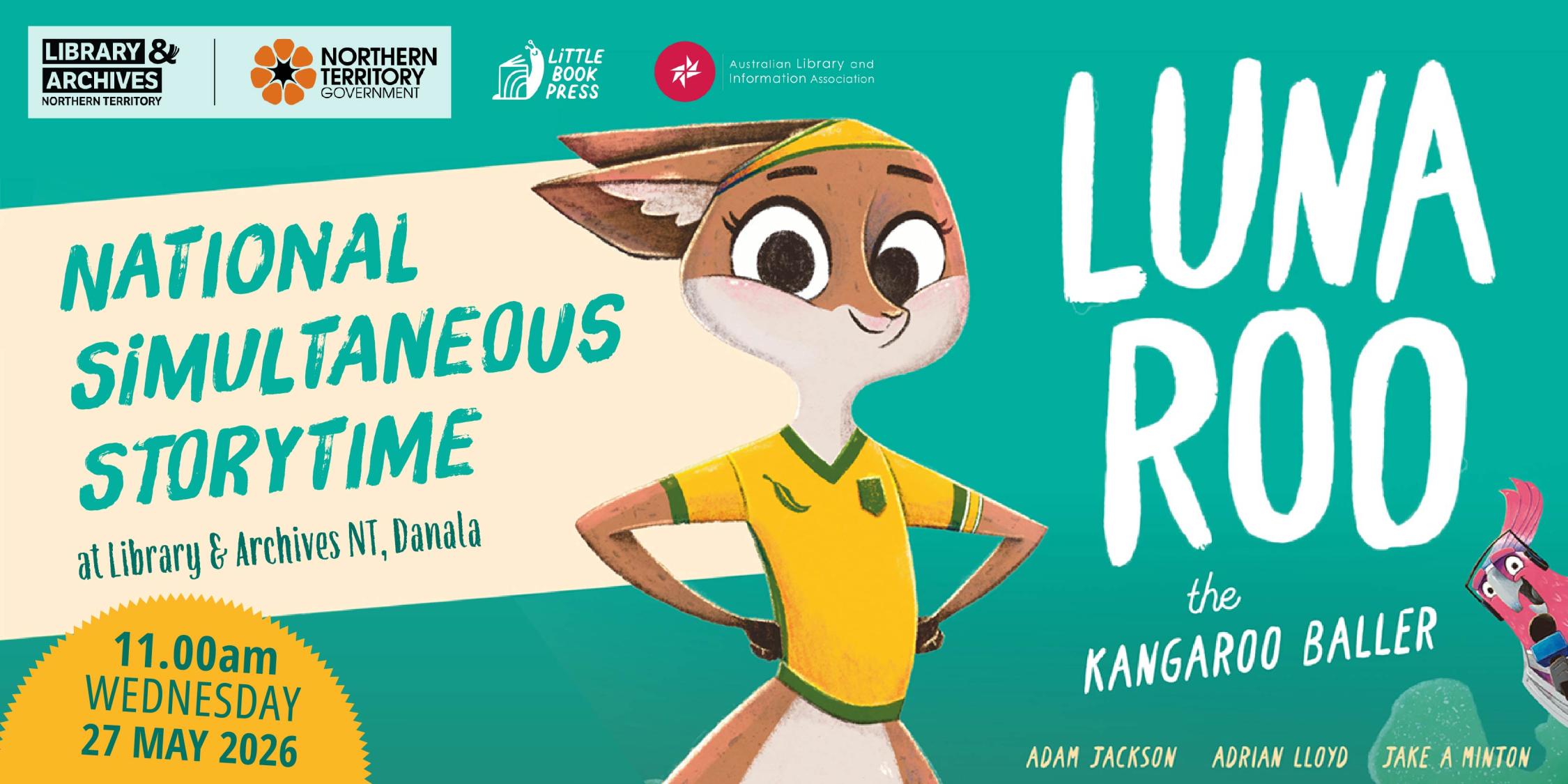 Kangaroo wearing a yellow shirt on a teal-green background with text 'National Simultaneous Storytime' and 'Luna Roo'