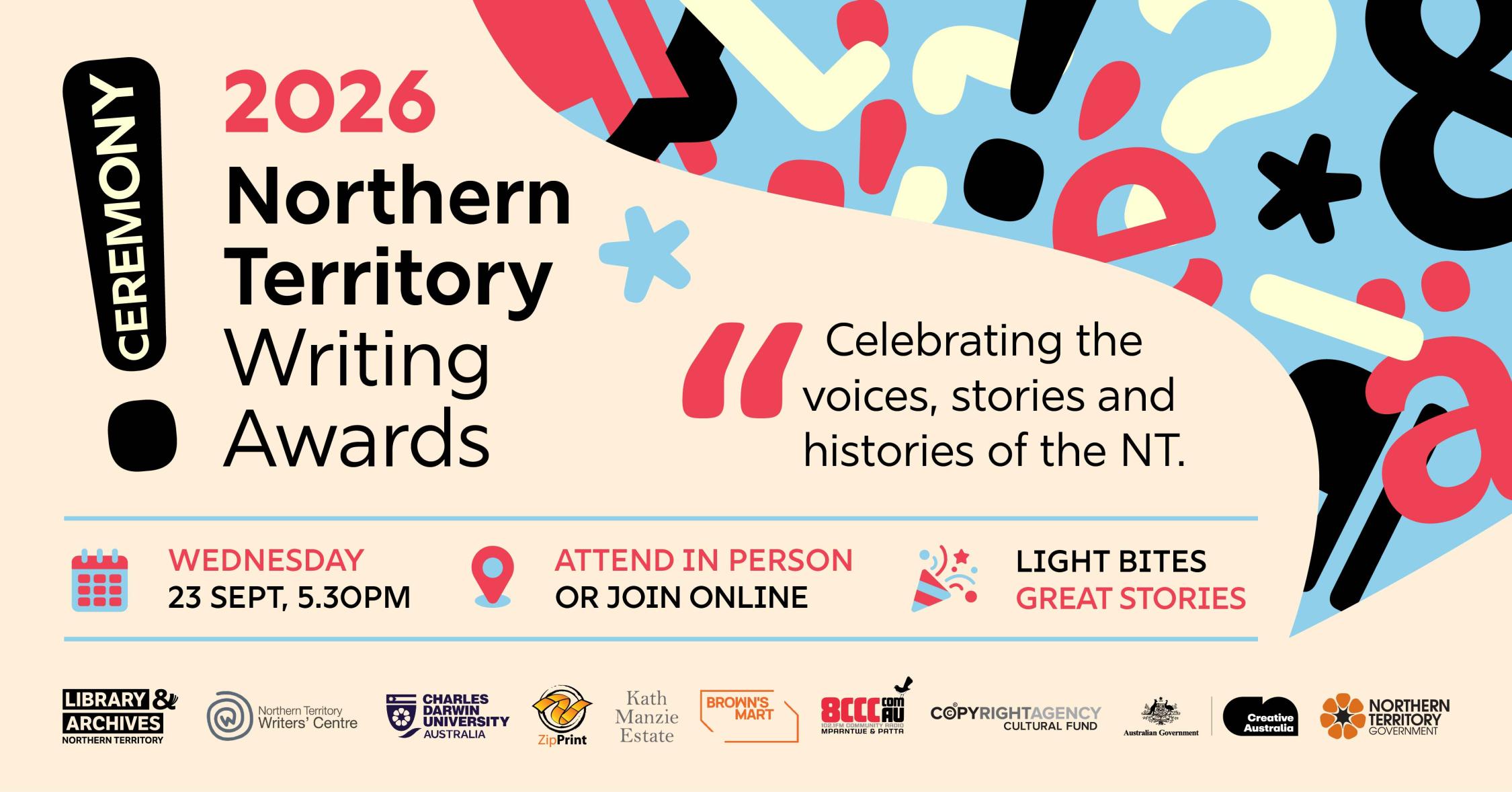 Promotional graphic featuring a speech bubble with punctuation symbols inside and details of the NT Writing Awards Ceremony event.
