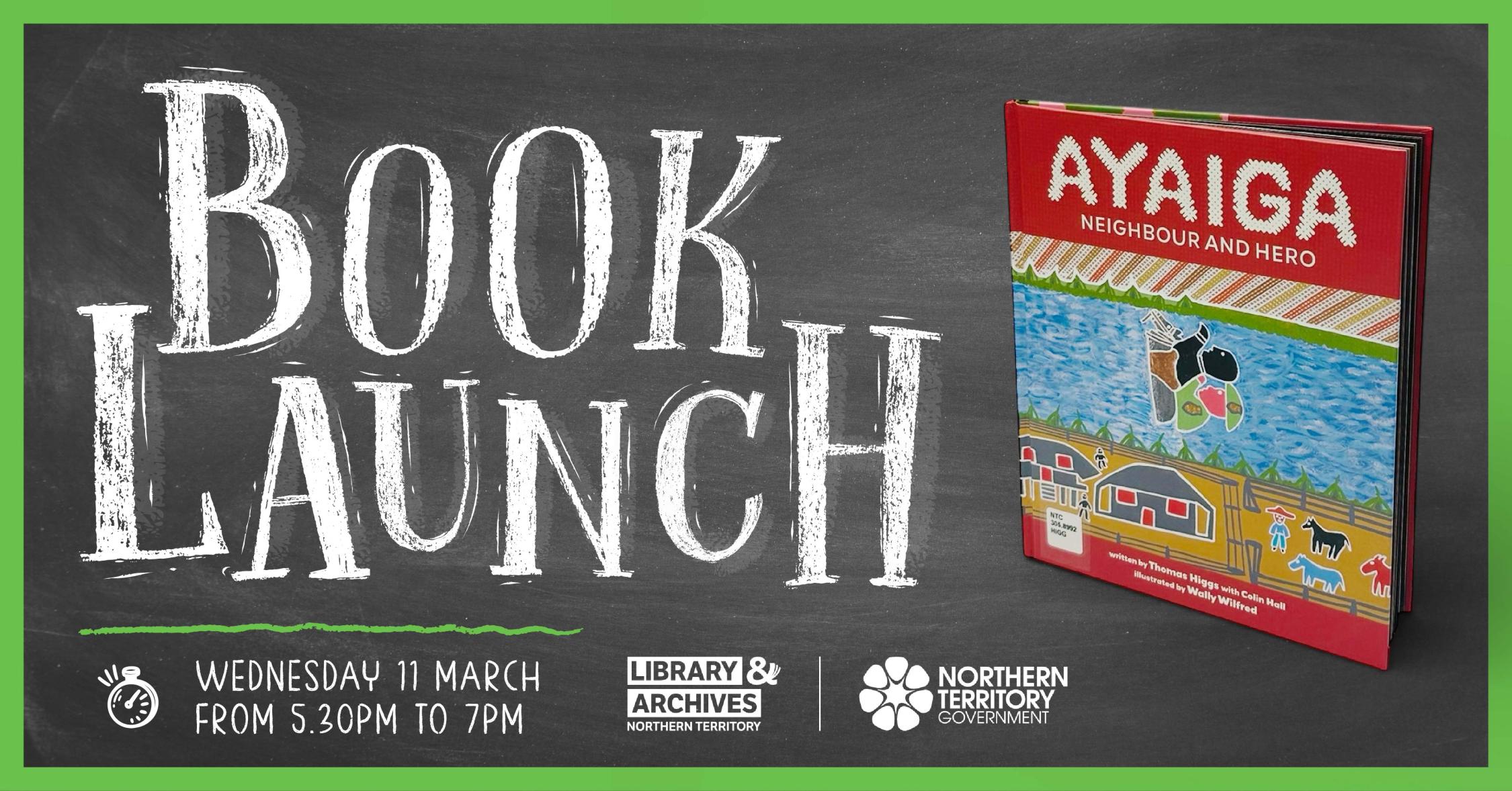 promotional image for the event with text on a blackboard surface and a photo of the book 'Ayaiag'