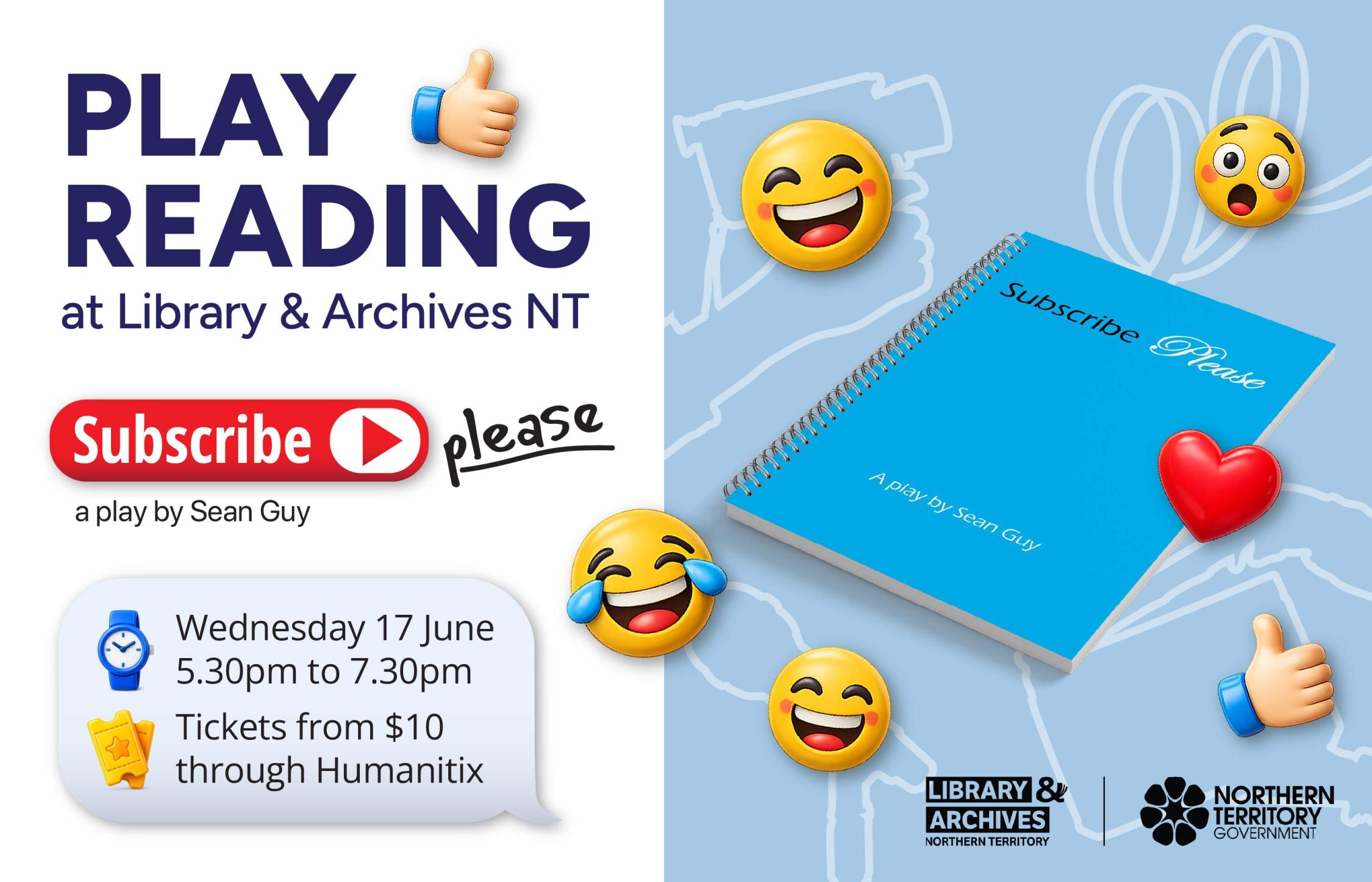 Promotional image including event details and image of spiral bound script with emoticons