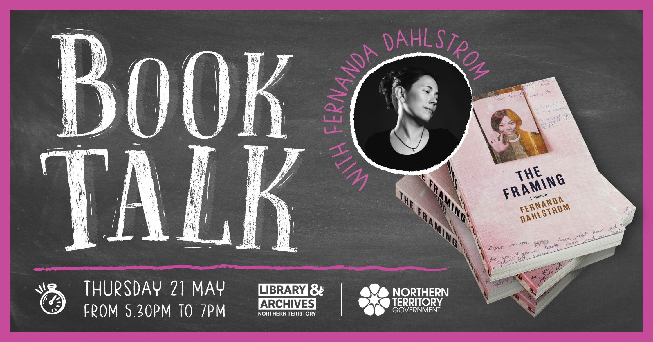 Promotional image of blackboard with the words 'Book Talk' in white and a photograph of a book.