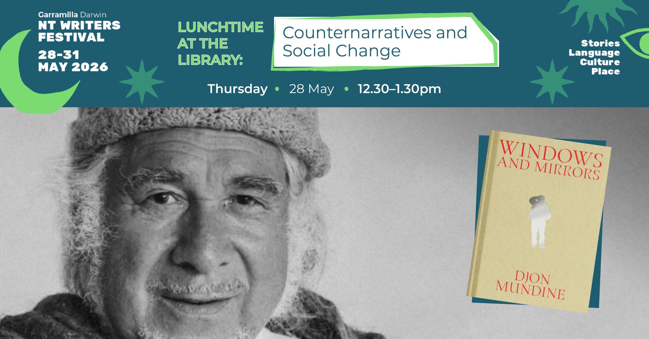 Promotional image featuring photograph of author and book and event text information