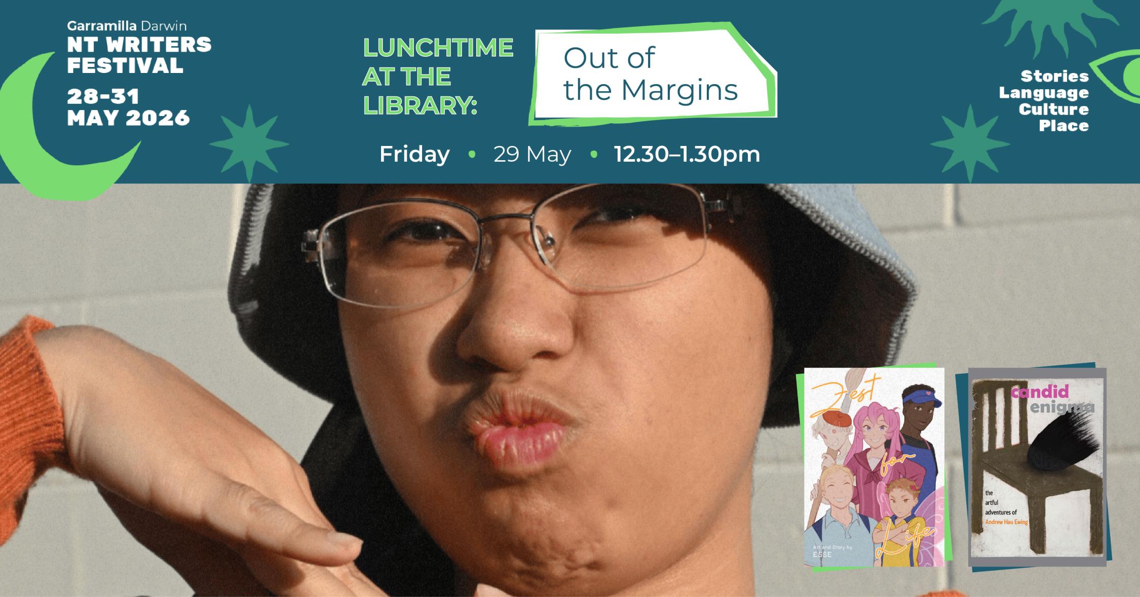 Promotional image featuring photograph of author and two books below event text information