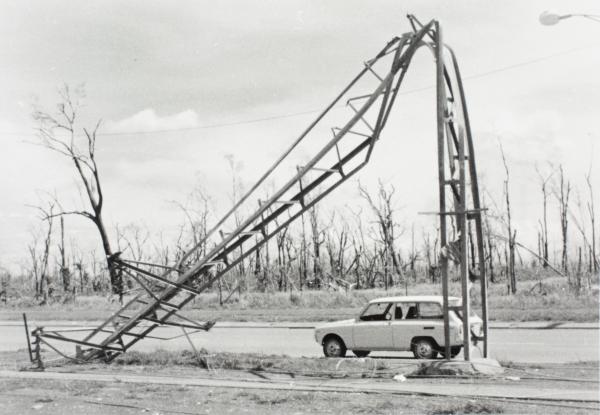 Twisted electricity pole, bent and twisted by Cyclone Tracy.