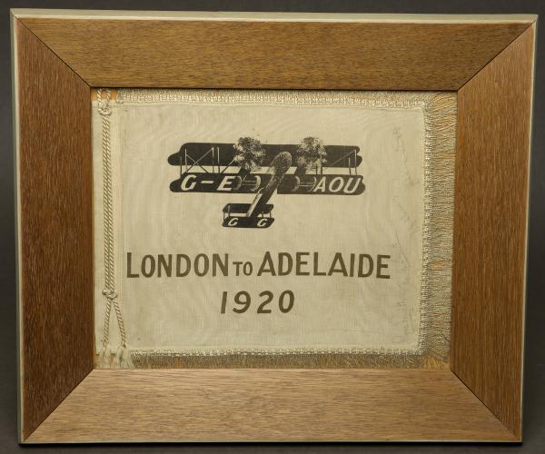 A souvenir flag issued to commemorate Ross and Keith Smith's successful flight from London to Melbourne signed by all four members of the winning crew.