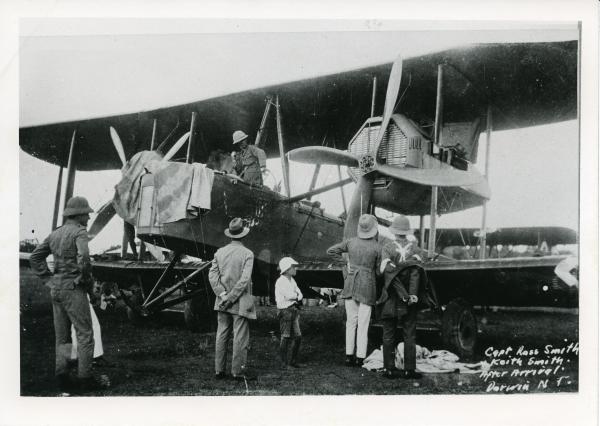 Inspecting the Smith Brothers aeroplane after landing in Darwin on 10 December 1919.