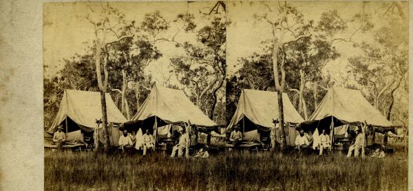 Stereoscopic image of Mr. McLachlan's camp at the three wells, 1869