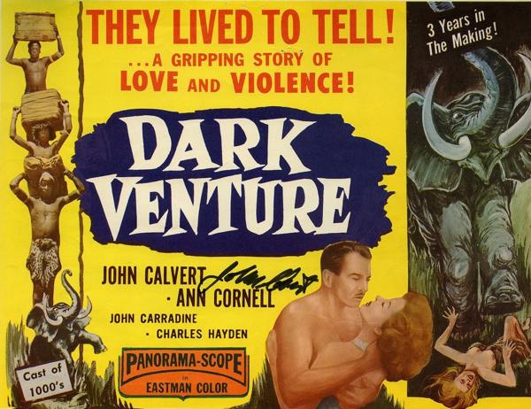 Movie poster for ‘Dark Venture’ depicting African porters, a man and woman embracing, and a rampaging bull elephant.