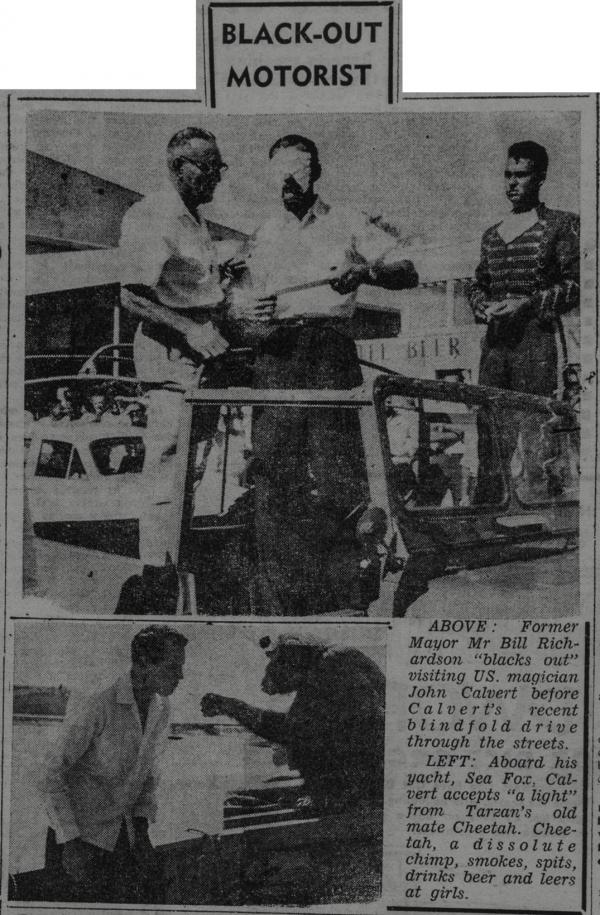 Newspaper article with two photos, one depicting a man being blind-folded and the other a chimpanzee lighting a man’s cigarette.