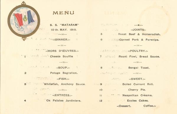 Picture of the SS Mataram dinner menu for 10 May 1918, featuring eight courses.