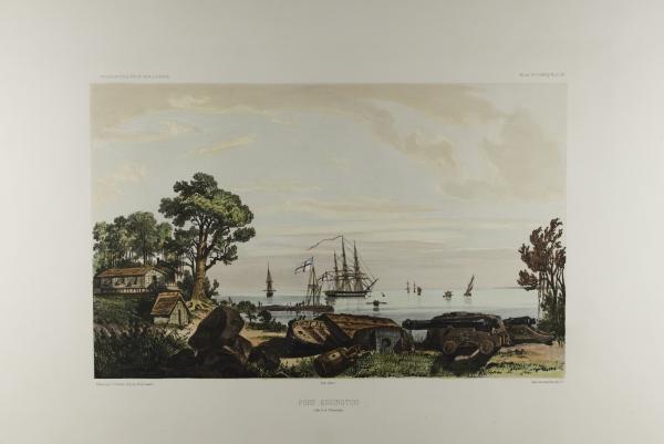Hand-coloured print depicts a view over the water, with several sailing vessels in the background and in the foreground on shore cannons, barrels, a barge and buildings at left.