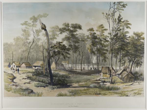 Coloured print depicting a number of thatched buildings in a lightly wooded area.